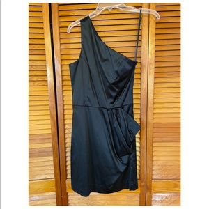 Black satin dress off the shoulder with pocket